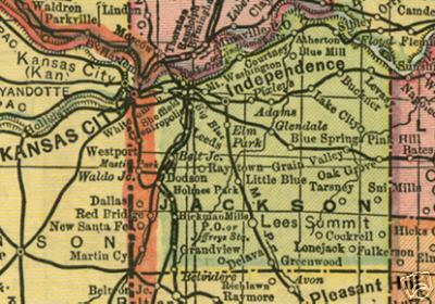 Early map of Jackson County, Missouri including Kansas City, Independence, Lees Summit, Westport, Blue Springs, Oak Grove, Lone Jack and more
